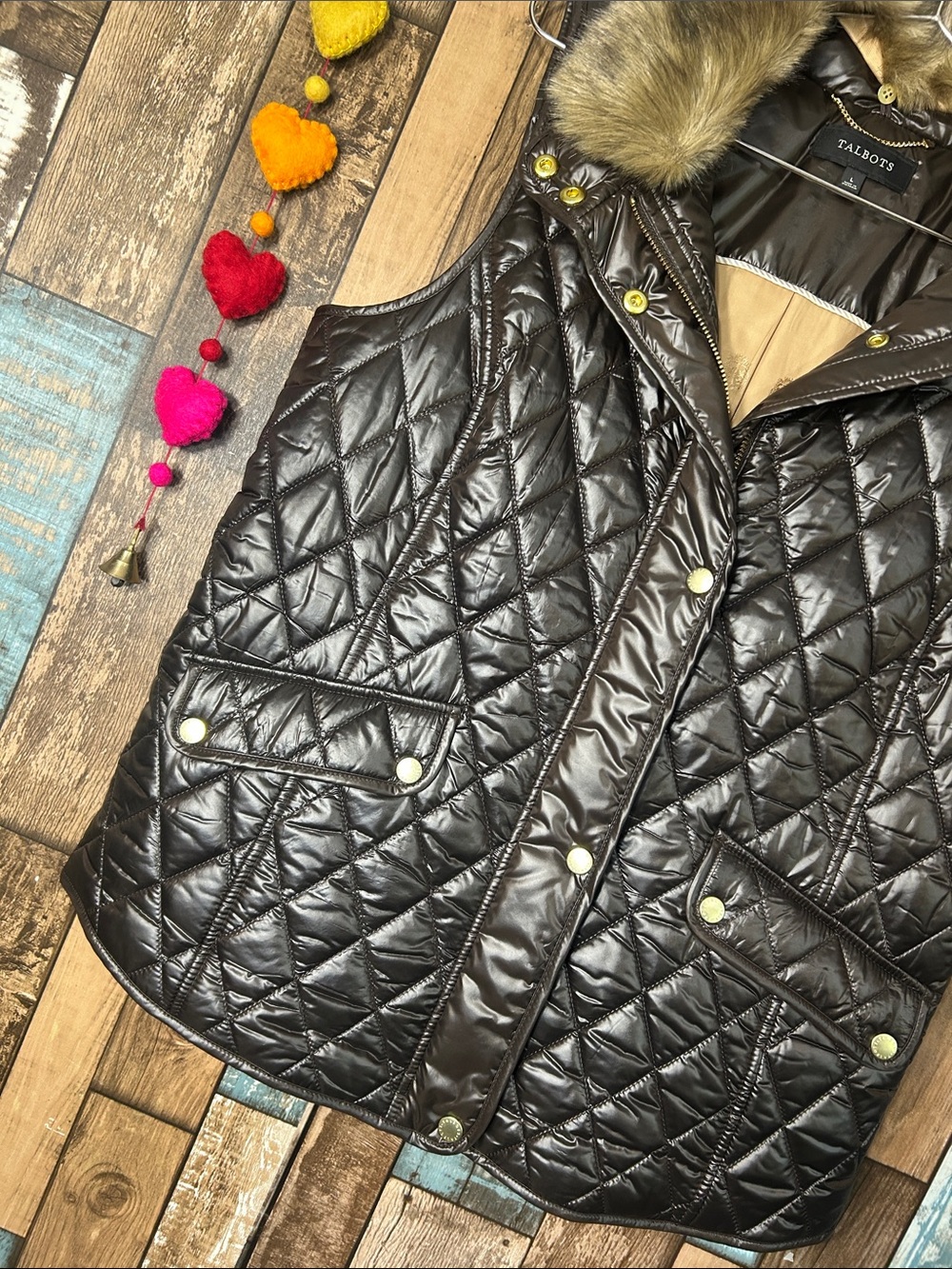Talbots Quilted Faux-Leather Vest with Faux-Fur Collar - Dark Brown - Picture 6 of 16
